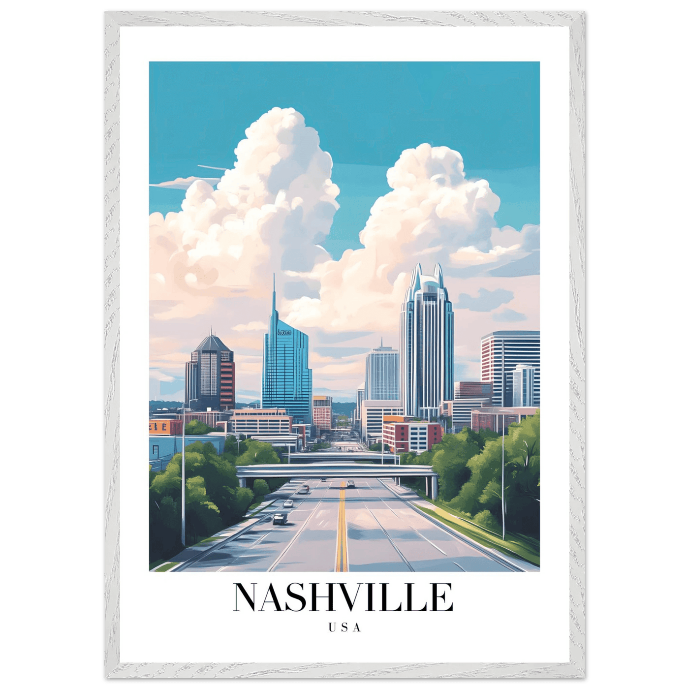 Nashville USA Cityscape Framed Poster – Modern Travel Wall Art with Wooden Frame & Your Choice of Size - Vibrantwalls