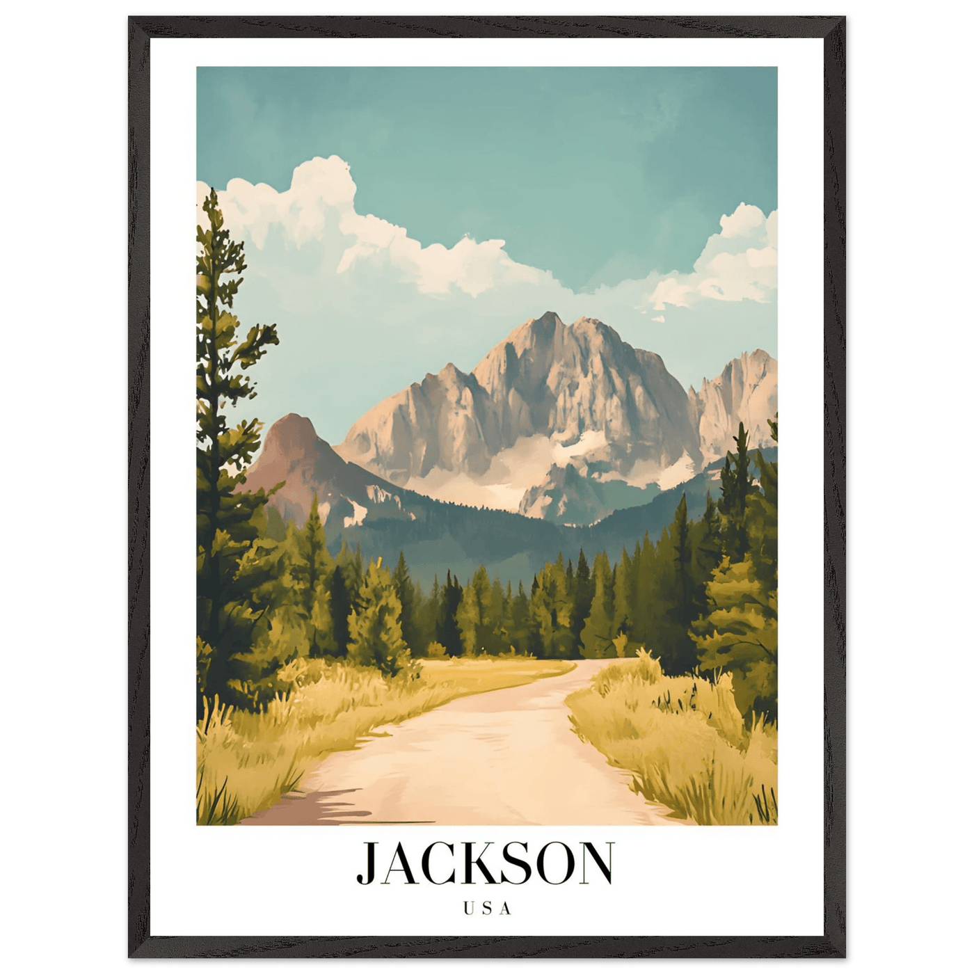 Jackson USA Mountain Landscape Framed Poster – Vintage Travel Wall Art with Wooden Frame - Vibrantwalls