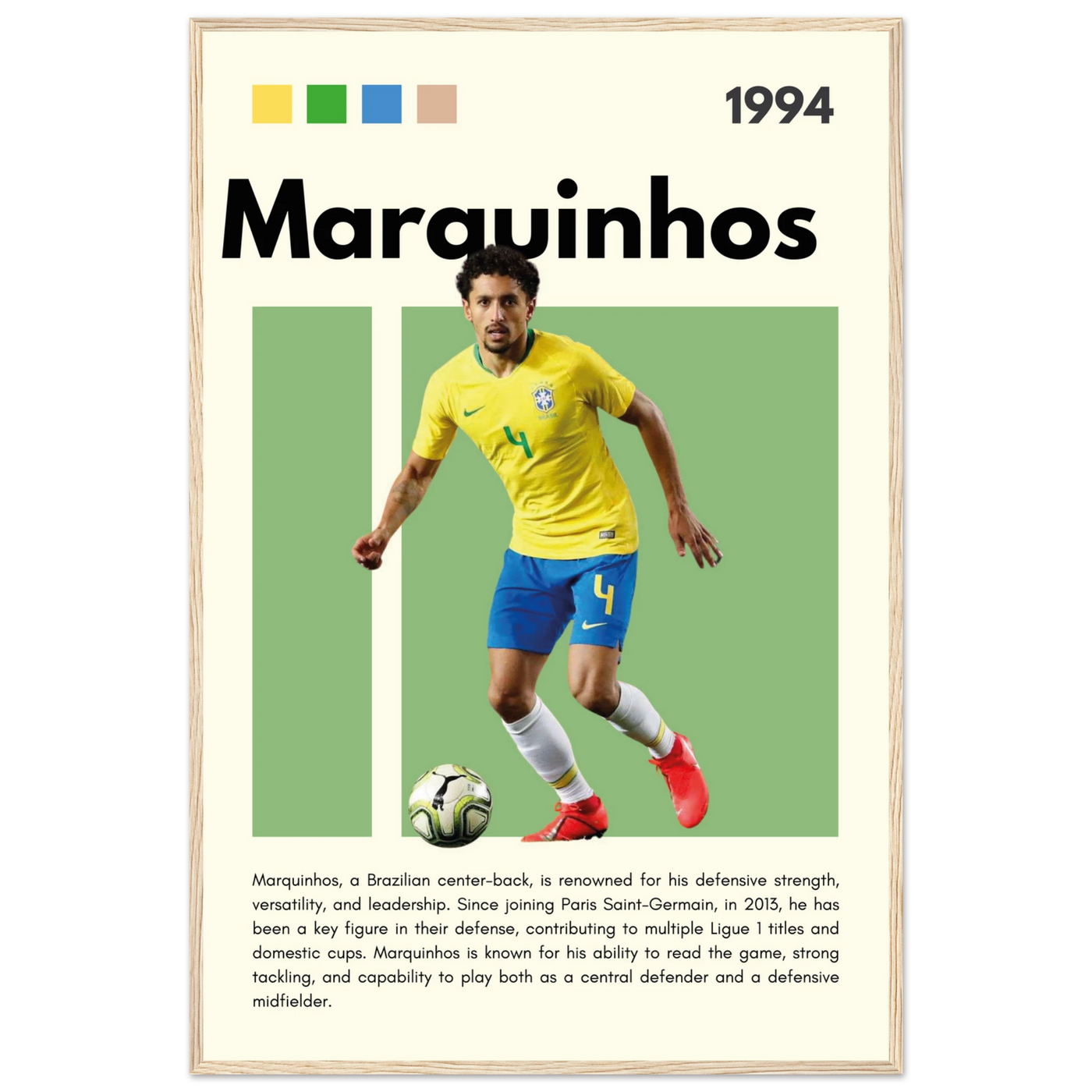 Marquinhos Brazil Football Framed Poster – Iconic Soccer Art Print for Fans 60x90 cm 24x36″ Wood frame Vibrantwalls
