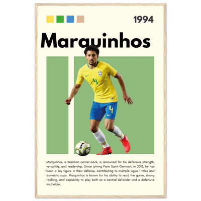Marquinhos Brazil Football Framed Poster – Iconic Soccer Art Print for Fans 60x90 cm 24x36″ Wood frame Vibrantwalls