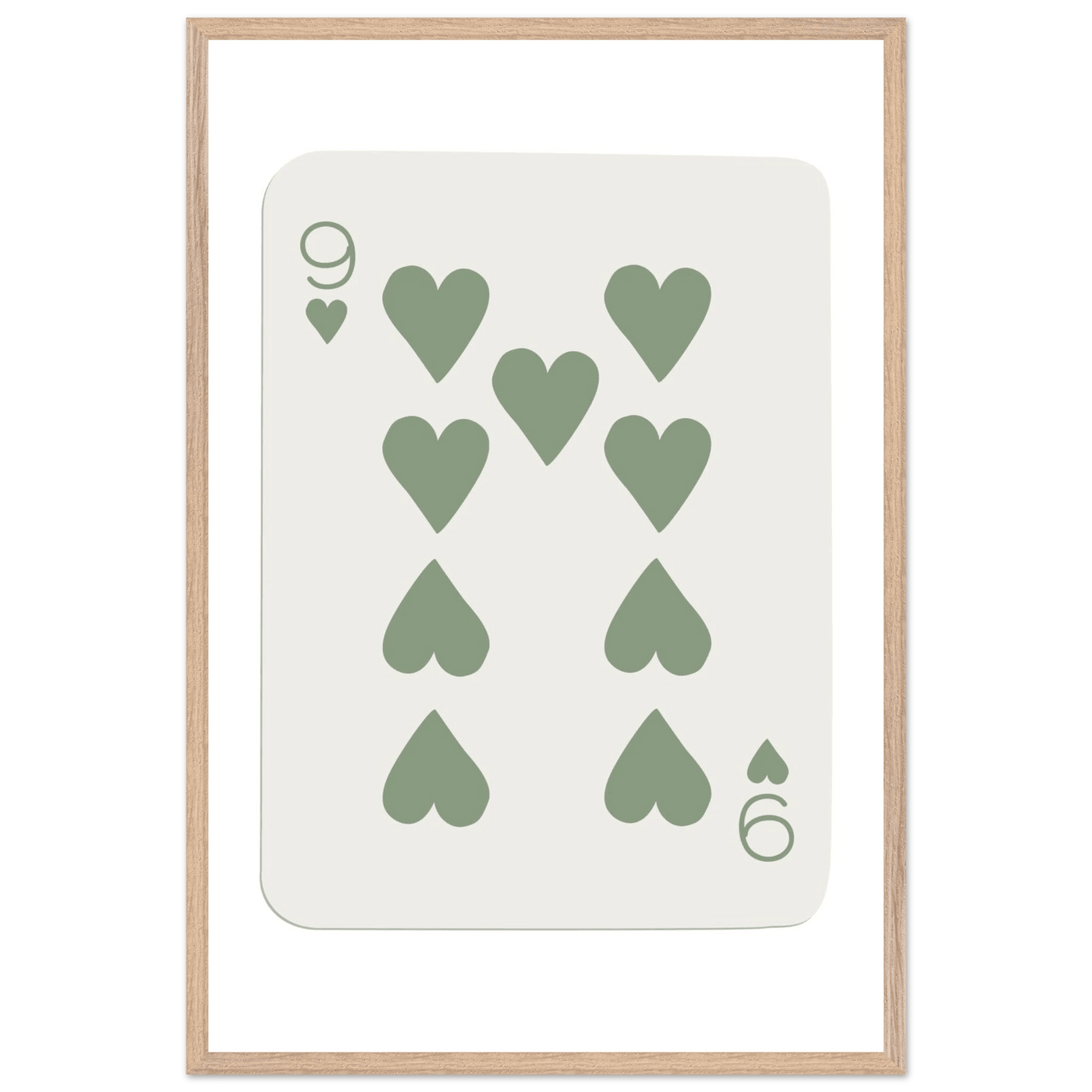 Minimalist Nine of Hearts Poker Card Print - Mounted Framed Wall Art, Sage Green Boho Decor, Eco-Friendly Wood Frame - Vibrantwalls