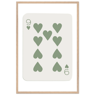 Minimalist Nine of Hearts Poker Card Print - Mounted Framed Wall Art, Sage Green Boho Decor, Eco-Friendly Wood Frame - Vibrantwalls