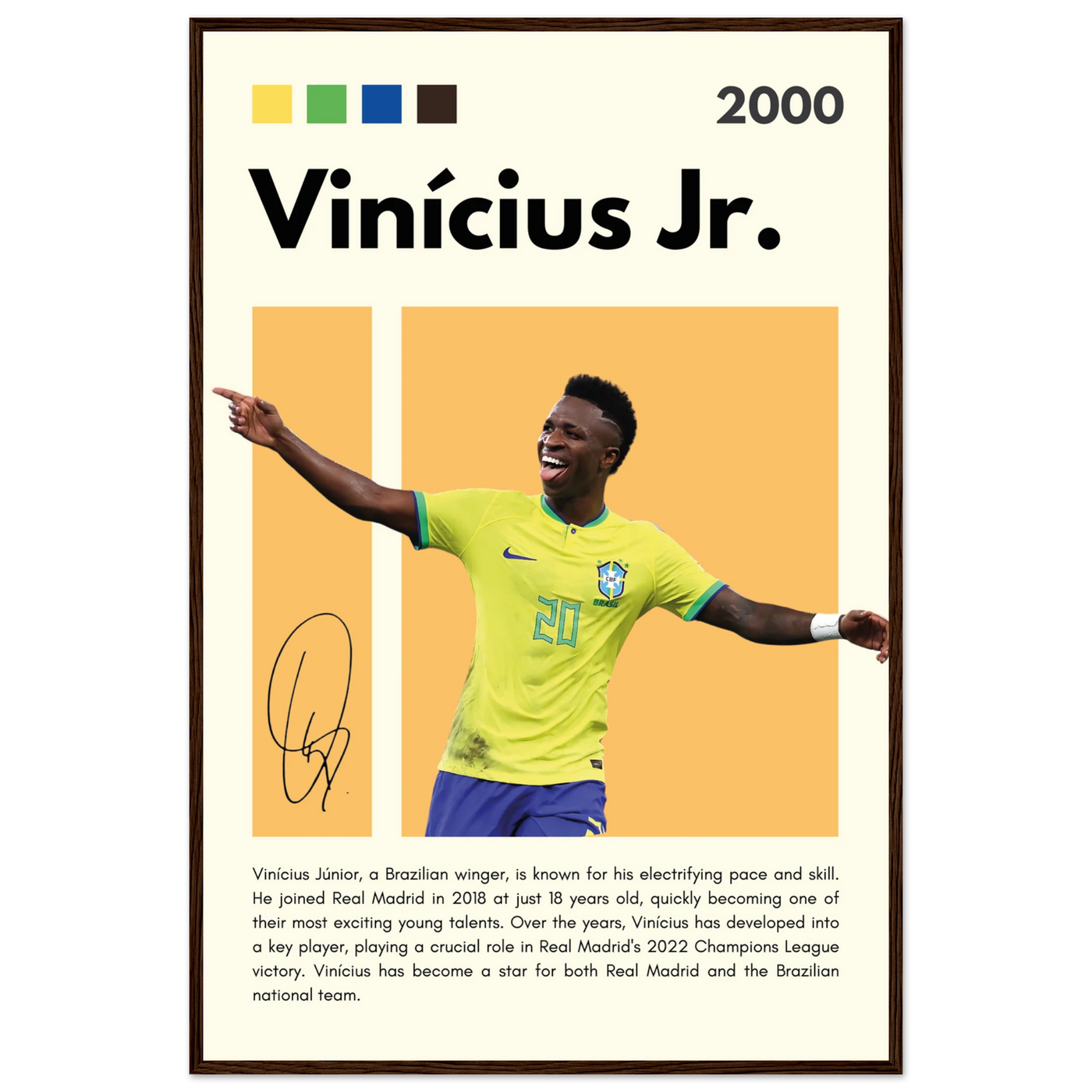 Vinicius Jr. Brazil Soccer Framed Poster – Dynamic Football Legend Art Print in Multiple Sizes & Frame Finishes 60x90 cm 24x36″ Dark wood frame Vibrantwalls