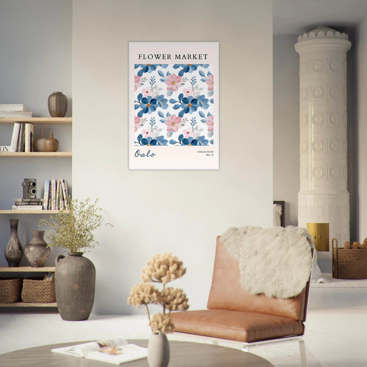 Oslo Flower Market Watercolor Blush Pink Ocean Blue - Wall Art - Vibrantwalls