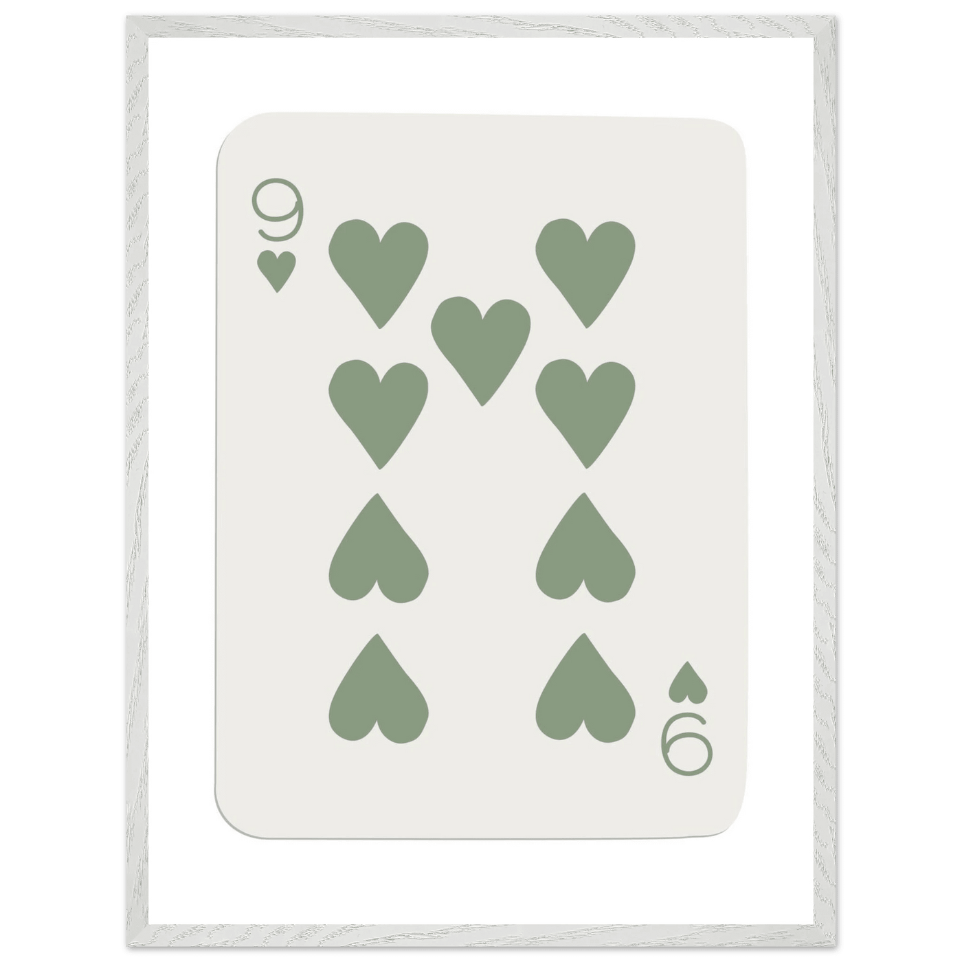 Minimalist Nine of Hearts Poker Card Print - Mounted Framed Wall Art, Sage Green Boho Decor, Eco-Friendly Wood Frame - Vibrantwalls