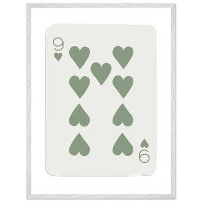 Minimalist Nine of Hearts Poker Card Print - Mounted Framed Wall Art, Sage Green Boho Decor, Eco-Friendly Wood Frame - Vibrantwalls
