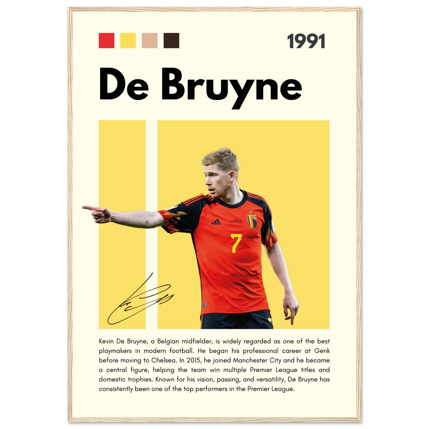 Kevin De Bruyne Football Legend Framed Poster – Vibrant Pop Art Print for Modern Fans 70x100 cm 28x40″ Wood frame Vibrantwalls