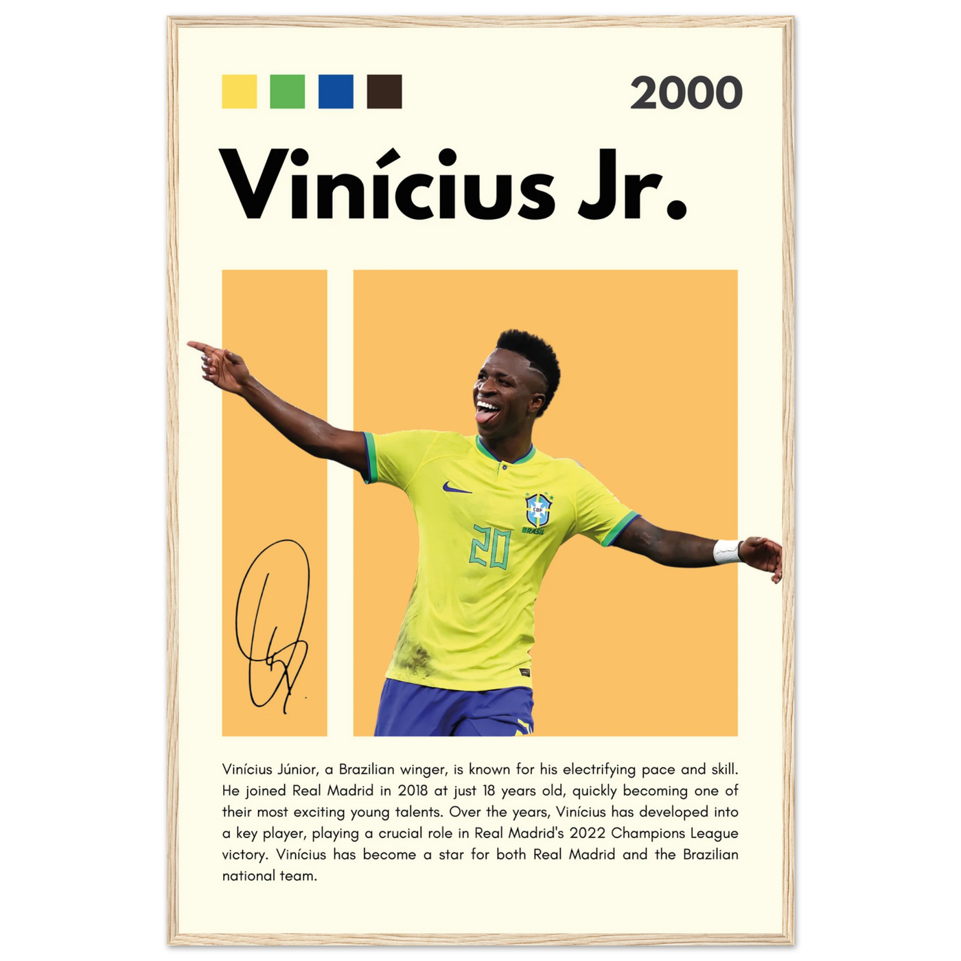 Vinicius Jr. Brazil Soccer Framed Poster – Dynamic Football Legend Art Print in Multiple Sizes & Frame Finishes 60x90 cm 24x36″ Wood frame Vibrantwalls