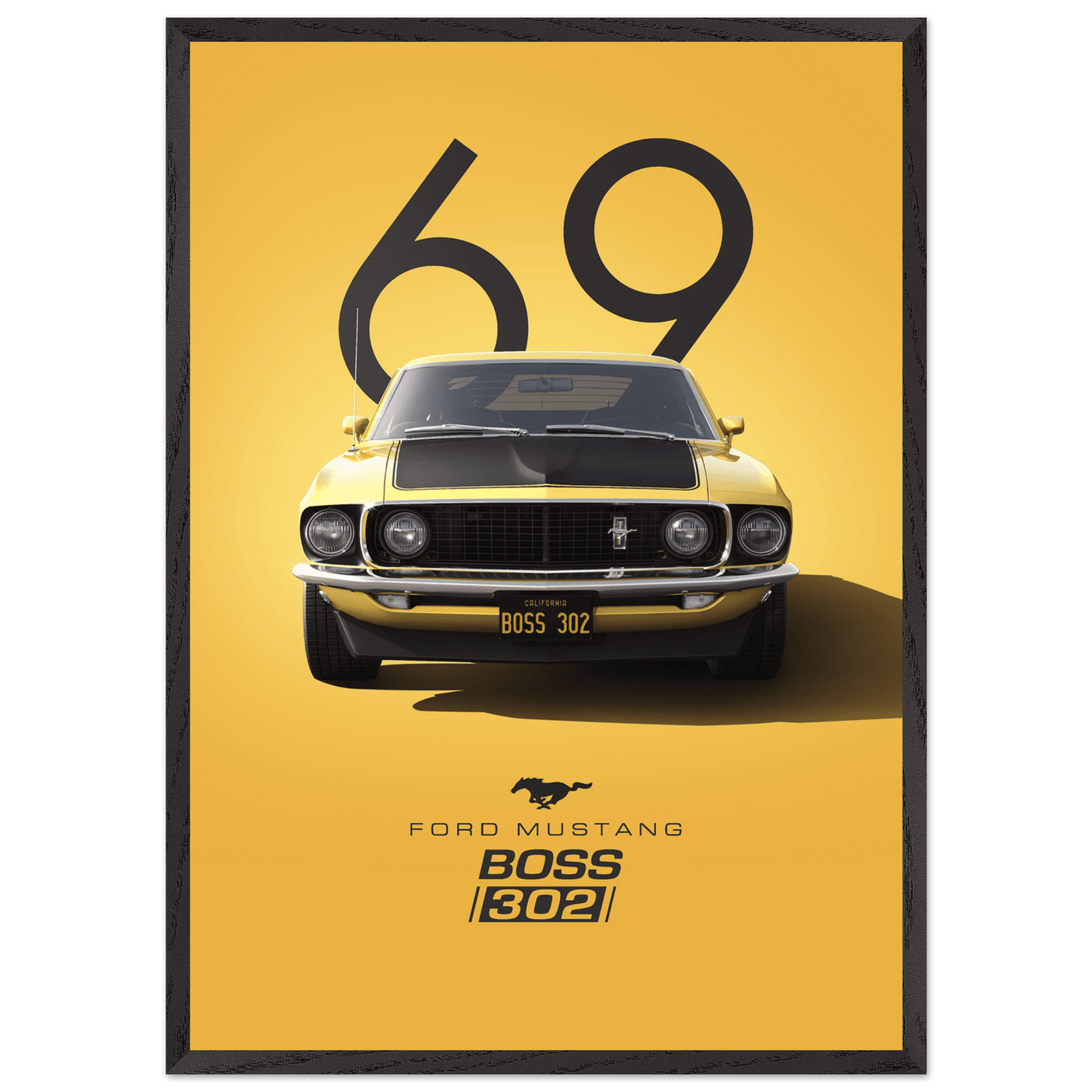 1969 Ford Mustang Boss 302 '69 - Iconic Yellow Framed Poster | Ready-to-Hang, Premium Art Print - Vibrantwalls