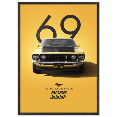 1969 Ford Mustang Boss 302 '69 - Iconic Yellow Framed Poster | Ready-to-Hang, Premium Art Print - Vibrantwalls