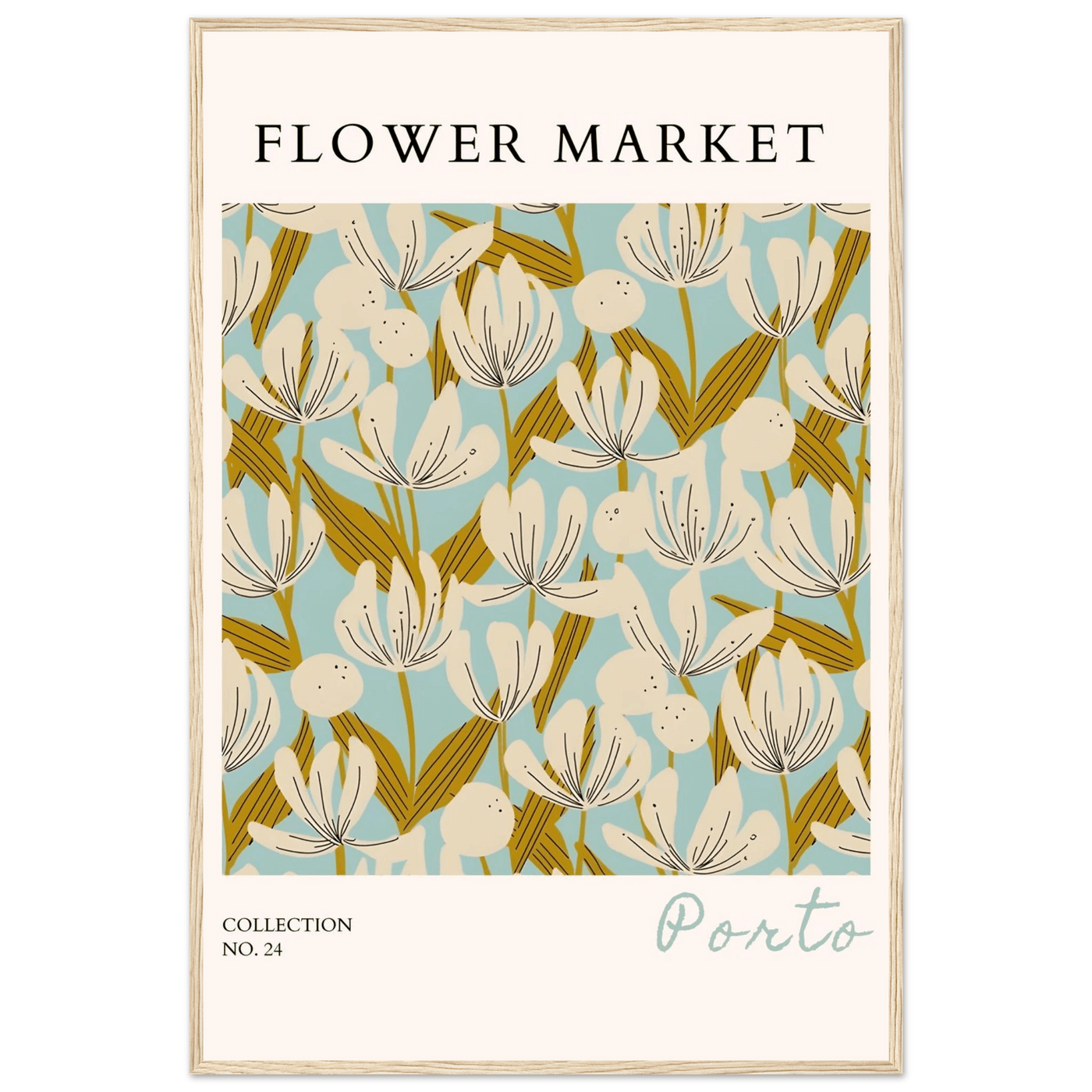 Flower Market Porto Abstract Floral Framed Poster | Calming Blue & Gold Botanical Art Print, Ready-to-Hang - Vibrantwalls