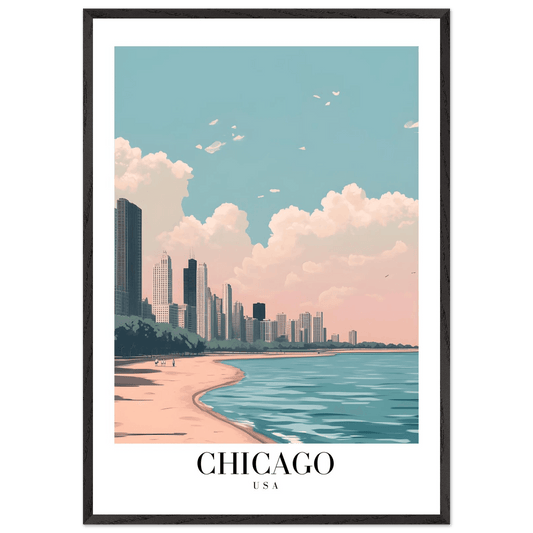 Chicago Lakeside View Framed Poster – Pastel Cityscape Wall Art with Wooden Frame - Vibrantwalls