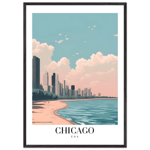Chicago Lakeside View Framed Poster – Pastel Cityscape Wall Art with Wooden Frame - Vibrantwalls