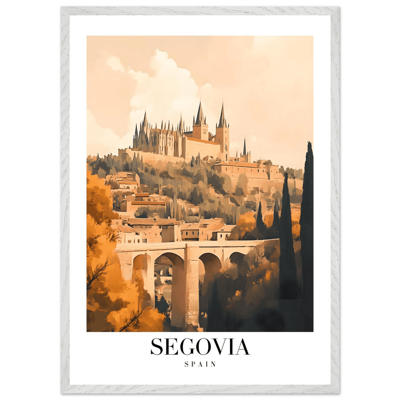 Segovia Spain Framed Poster – Vintage Travel Art with Warm Hues & Wooden Frame - Vibrantwalls