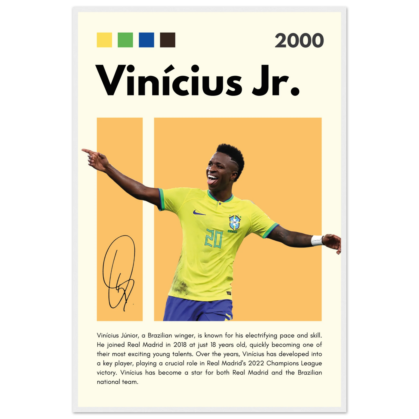 Vinicius Jr. Brazil Soccer Framed Poster – Dynamic Football Legend Art Print in Multiple Sizes & Frame Finishes 60x90 cm 24x36″ White frame Vibrantwalls