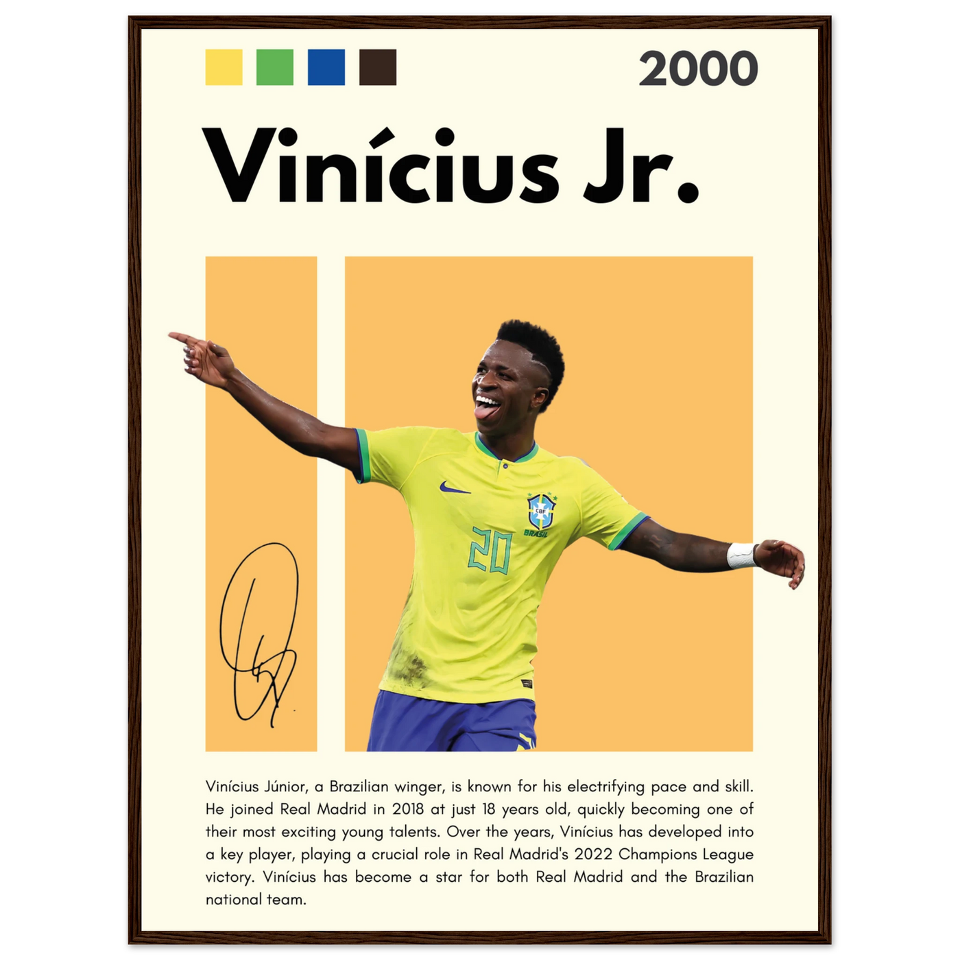 Vinicius Jr. Brazil Soccer Framed Poster – Dynamic Football Legend Art Print in Multiple Sizes & Frame Finishes 60x80 cm 24x32″ Dark wood frame Vibrantwalls
