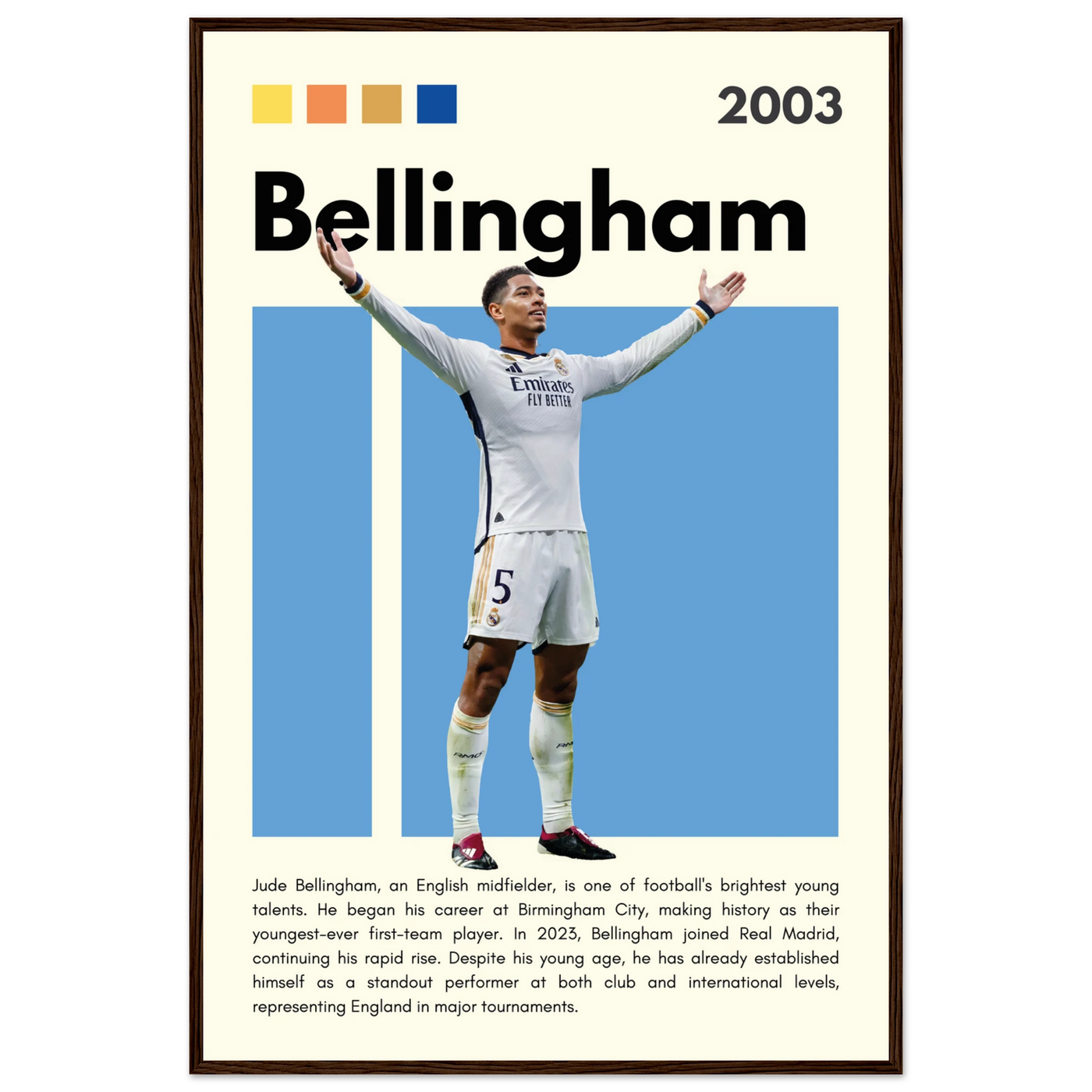 Jude Bellingham Real Madrid Football Poster – Modern Pop Art Print in Your Choice of Frame 60x90 cm 24x36″ Dark wood frame Vibrantwalls