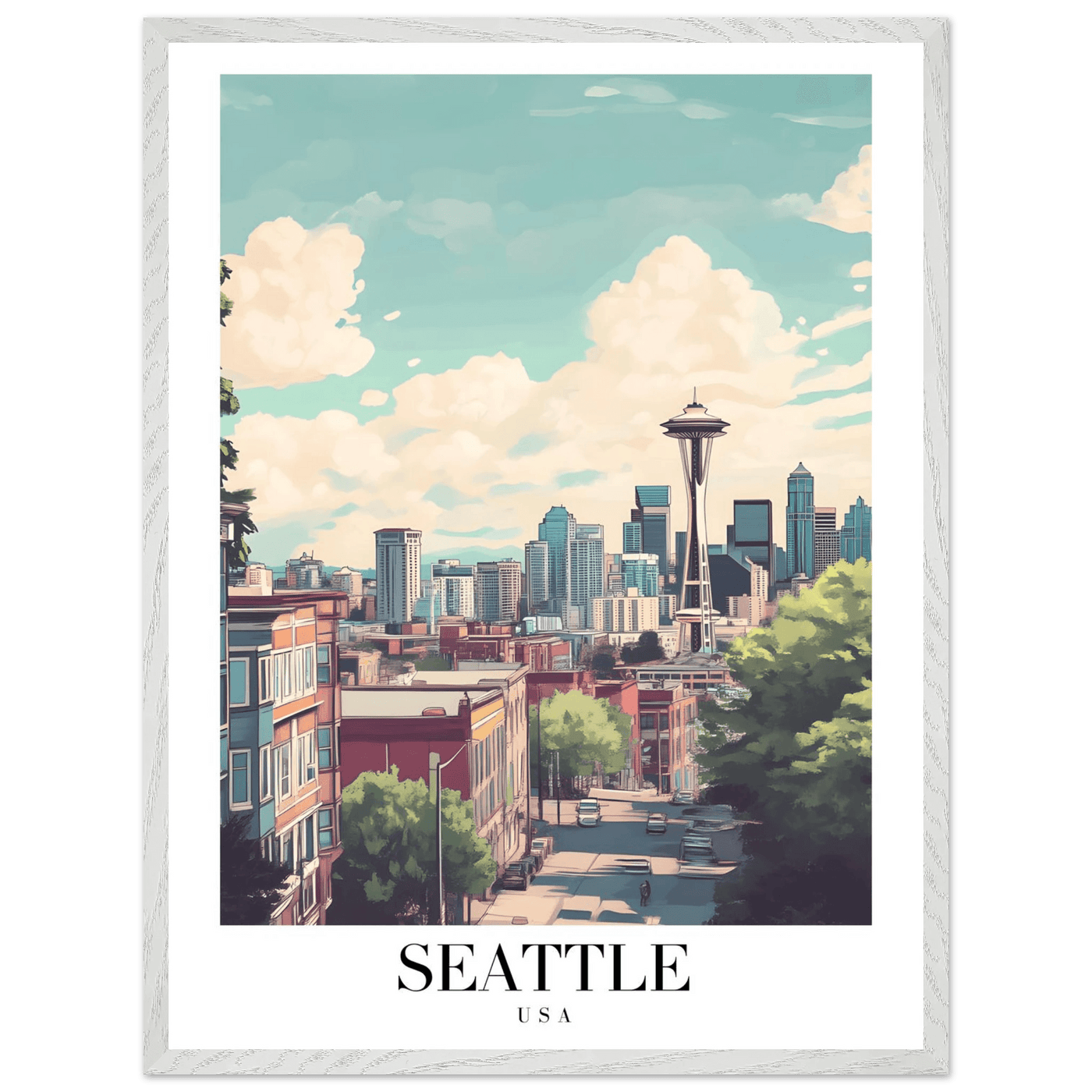Seattle USA Framed Poster – Charming Watercolor Cityscape Wall Art with Wooden Frame - Vibrantwalls