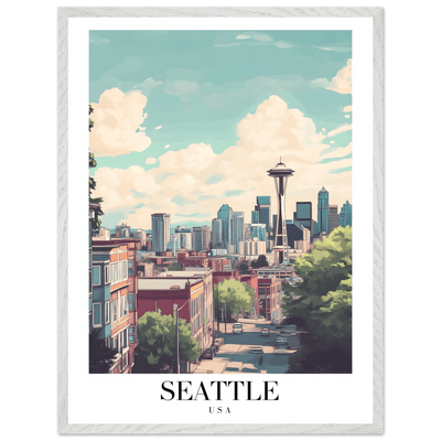 Seattle USA Framed Poster – Charming Watercolor Cityscape Wall Art with Wooden Frame - Vibrantwalls