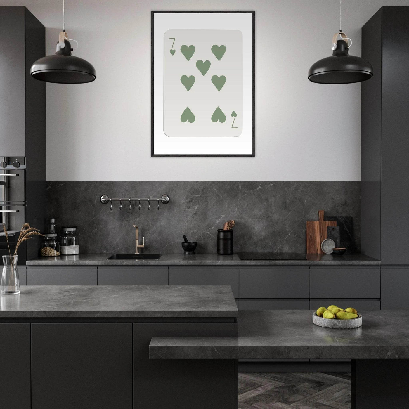 Minimalist Poker Card Art - Seven of Hearts - Sage Green Framed Poster, Eco-Friendly Decor - Vibrantwalls