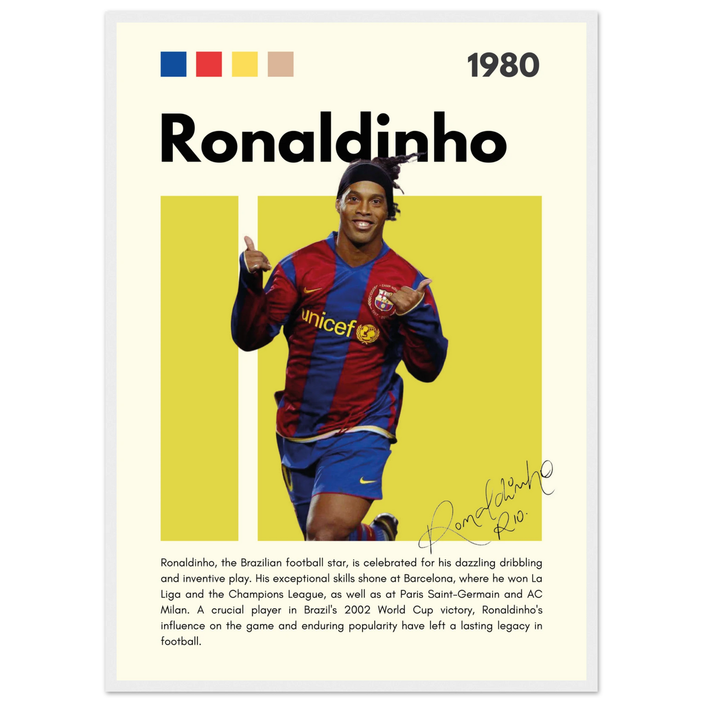 Ronaldinho Barcelona Football Legend Framed Brazil Poster 50x70 cm 20x28″ White frame Vibrantwalls