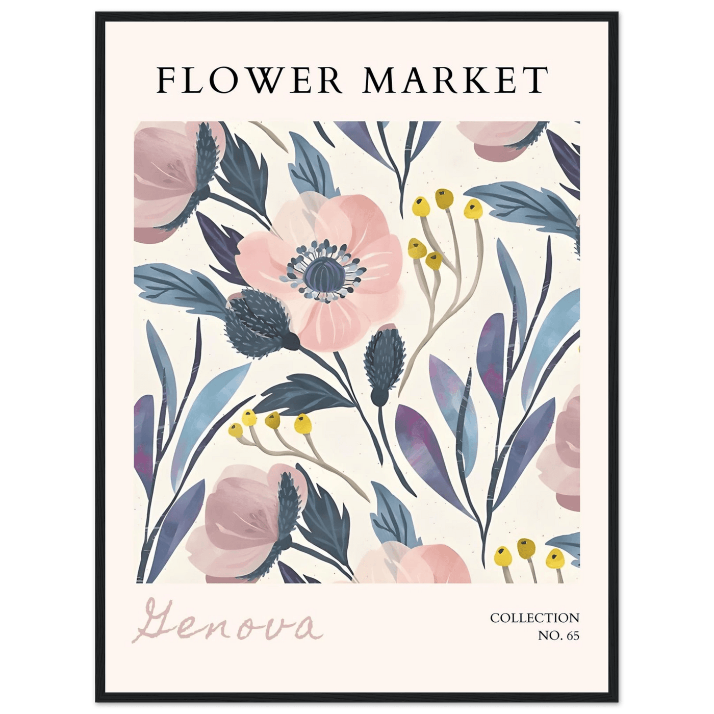 Flower Market 'Genova' Framed Poster – Blush & Indigo Floral Art Print | Ready-to-Hang Botanical Decor - Vibrantwalls
