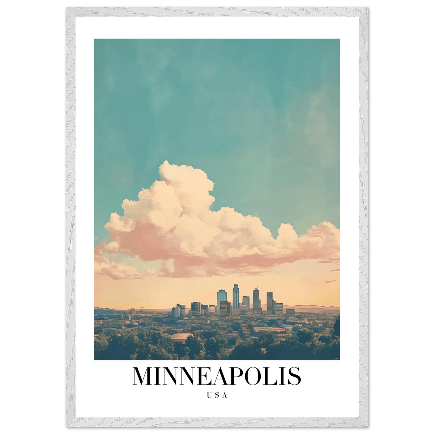 Minneapolis USA Framed Poster – Pastel Dream Sky Vintage Cityscape Art with Premium Wooden Frame - Vibrantwalls