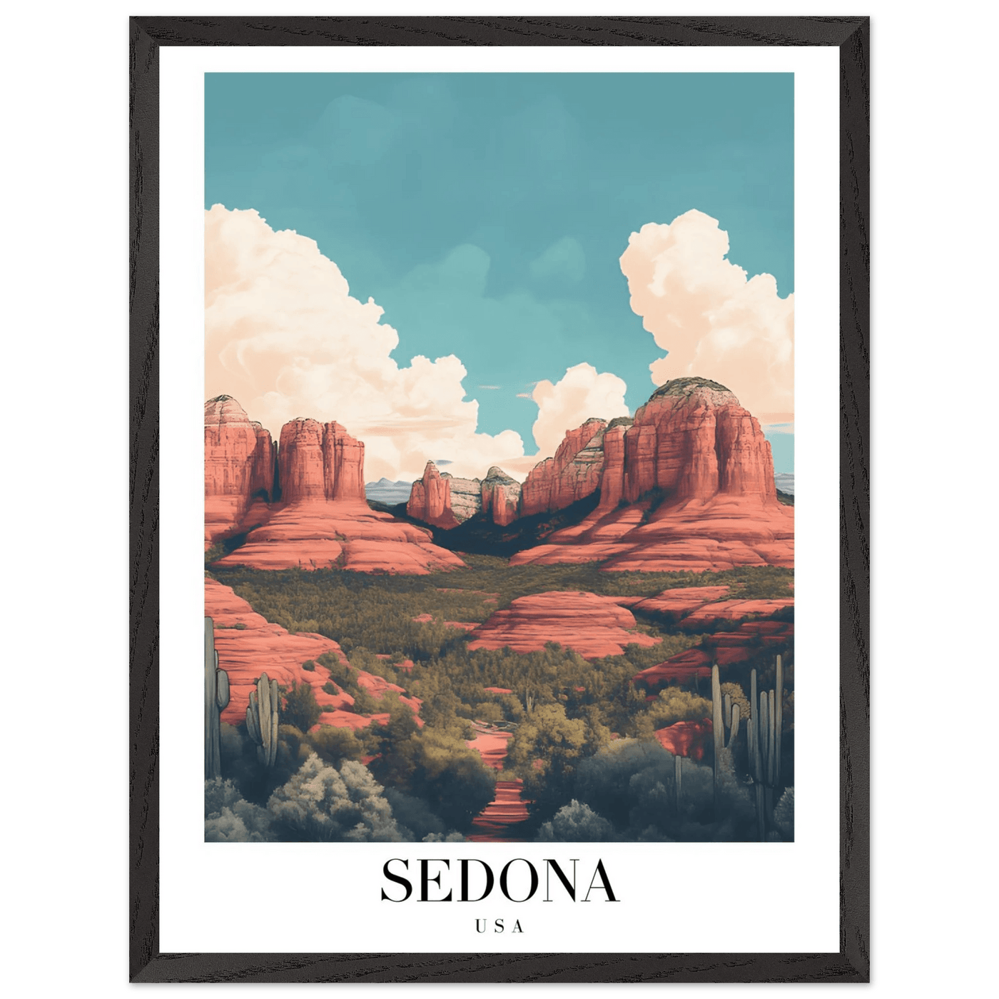 Sedona USA Framed Poster – Iconic Red Rocks Wall Art with Vintage Desert Vibes - Vibrantwalls