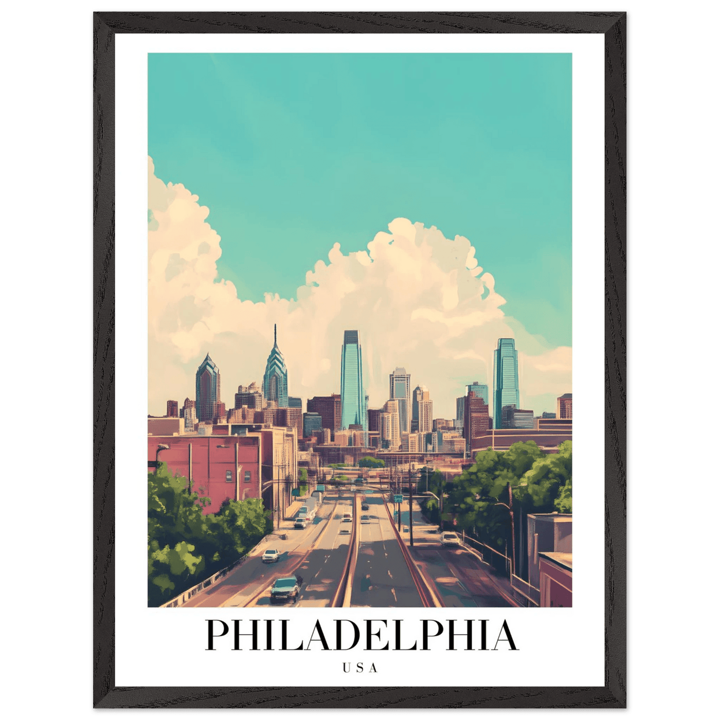 Philadelphia USA Framed Poster – Retro Cityscape Wall Art with Customizable Frame Options - Vibrantwalls