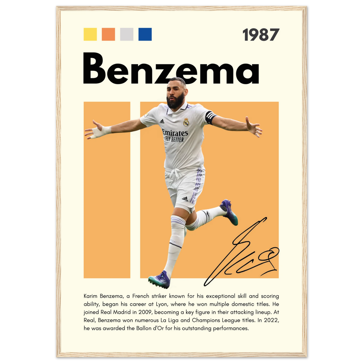 Karim Benzema Real Madrid Soccer Framed Poster – Modern Football Art Print with Signature Detail A1 (59.4 x 84.1 cm) Wood frame Vibrantwalls
