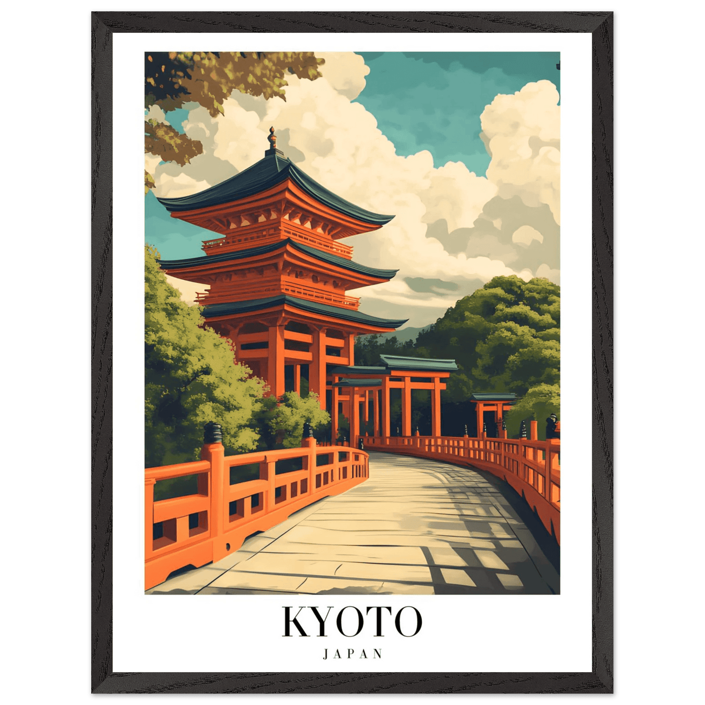 Kyoto Japan Pagoda Framed Poster – Japanese Temple Wall Art in Vibrant Orange with Wooden Frame - Vibrantwalls
