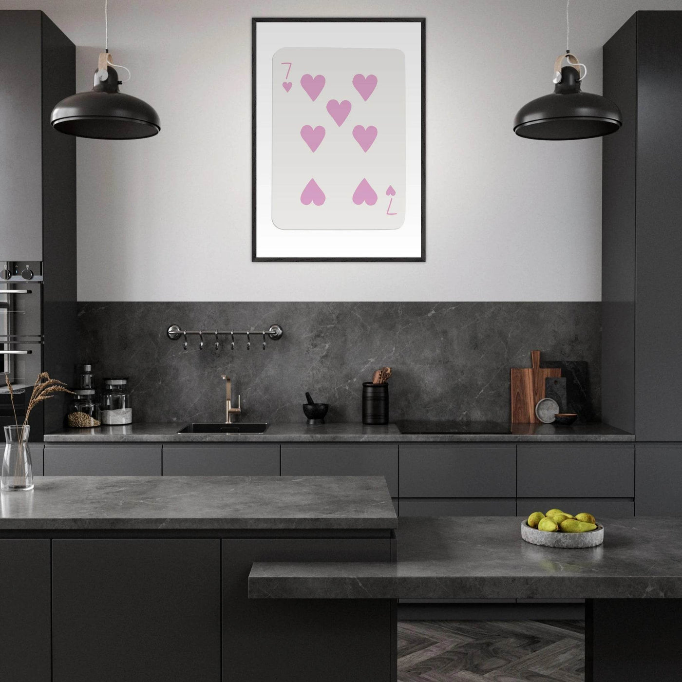 Charming Seven of Hearts Poker Card Print - Mounted Framed Poster Art with Eco-Friendly Wood Frame - Vibrantwalls