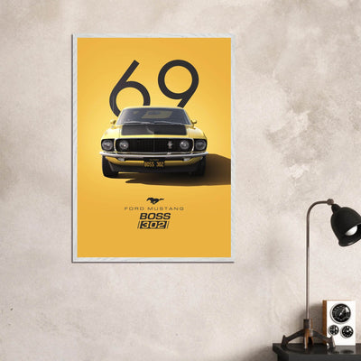 1969 Ford Mustang Boss 302 '69 - Iconic Yellow Framed Poster | Ready-to-Hang, Premium Art Print - Vibrantwalls