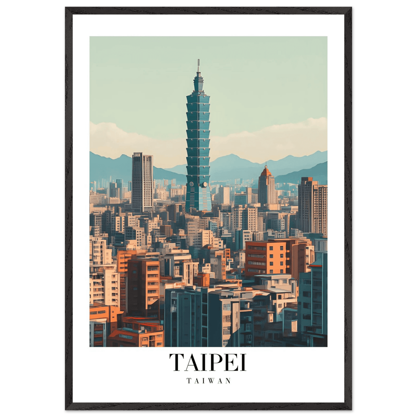 Taipei Taiwan Cityscape Framed Poster – Modern Retro Travel Art with Wooden Frame Options - Vibrantwalls