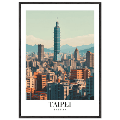 Taipei Taiwan Cityscape Framed Poster – Modern Retro Travel Art with Wooden Frame Options - Vibrantwalls