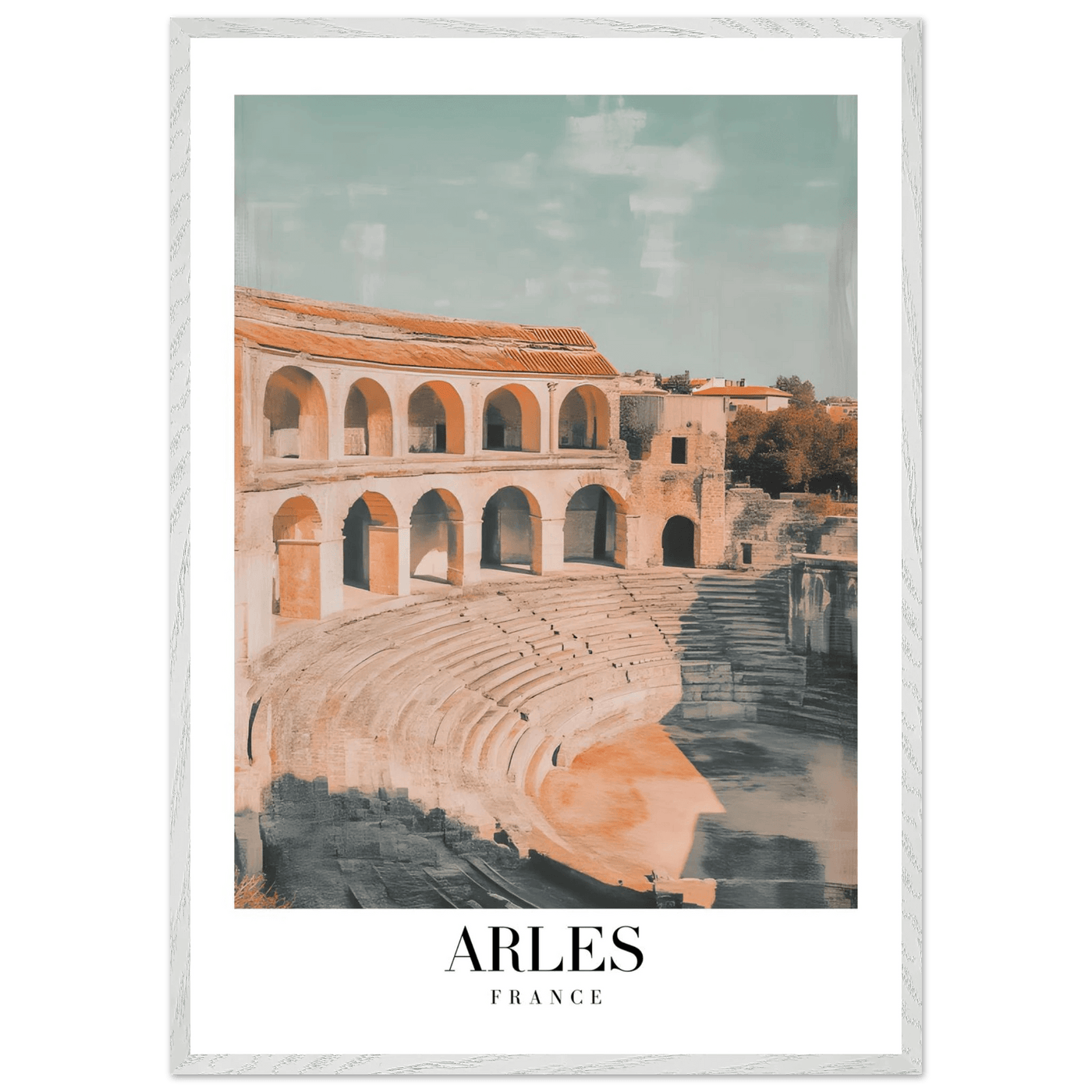 Arles France Amphitheater Framed Poster – Vintage Travel Wall Art with Wooden Frame and Serene Palette - Vibrantwalls