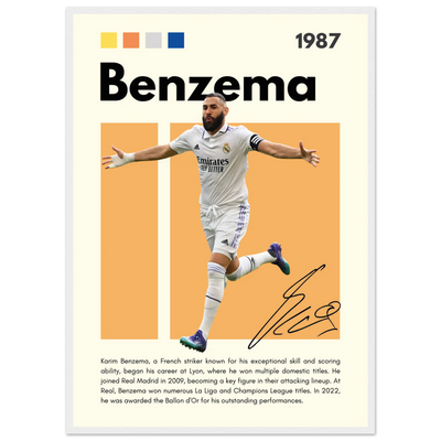 Karim Benzema Real Madrid Soccer Framed Poster – Modern Football Art Print with Signature Detail 50x70 cm 20x28″ White frame Vibrantwalls