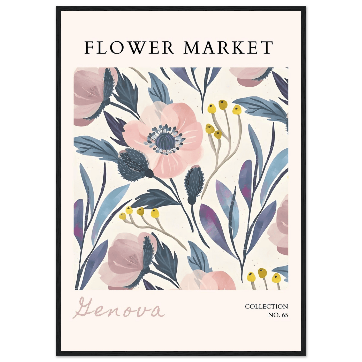 Flower Market 'Genova' Framed Poster – Blush & Indigo Floral Art Print | Ready-to-Hang Botanical Decor - Vibrantwalls