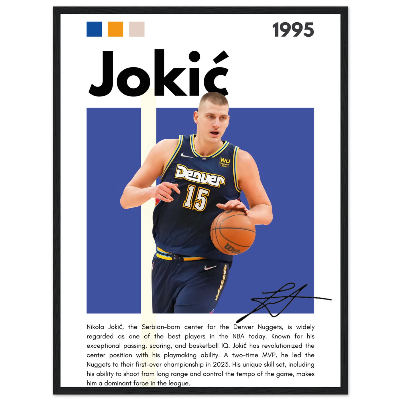 Nikola Jokic Joker Nuggets Minimalist Art Print 45x60 cm 18x24″ Black frame Vibrantwalls