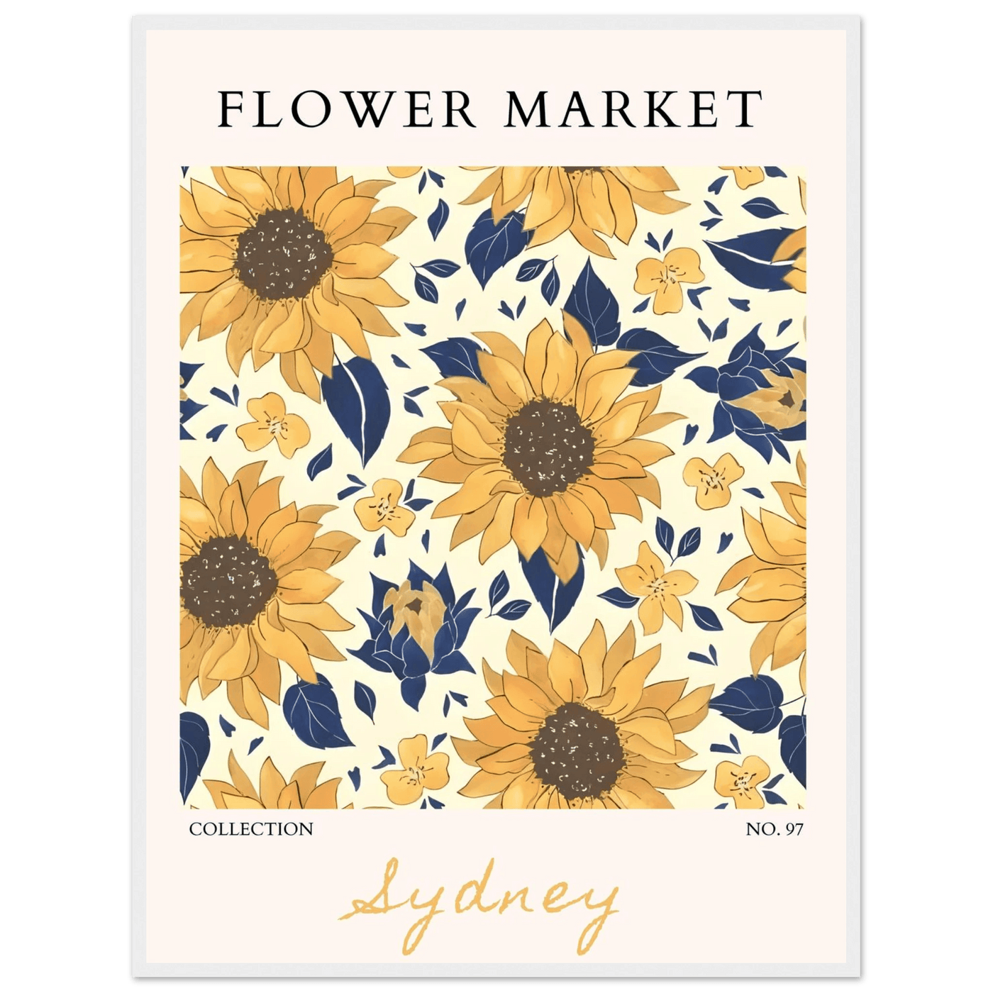 Vibrant Sunflower & Navy Floral Framed Poster – 'Flower Market Sydney' Collection | Ready-to-Hang Wall Art - Vibrantwalls