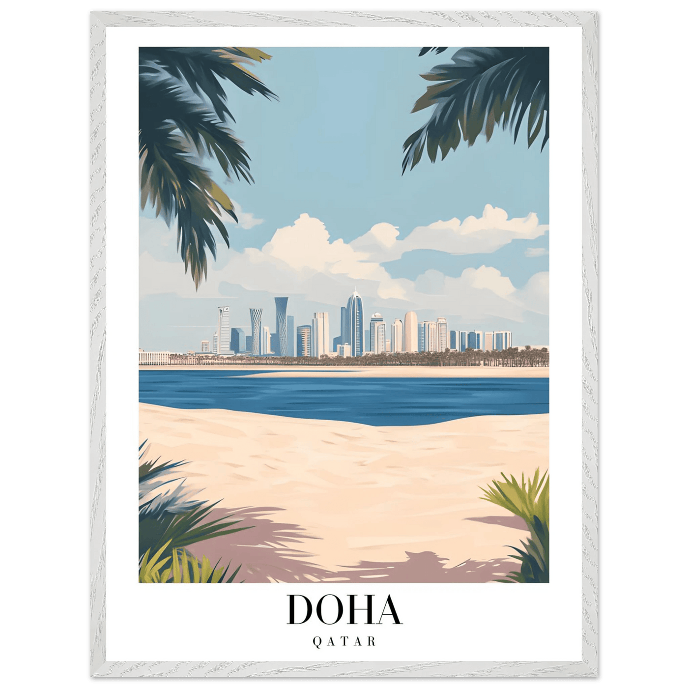 Doha Qatar Skyline Framed Poster – Modern Travel Wall Art with Palm Beach Vibes - Vibrantwalls