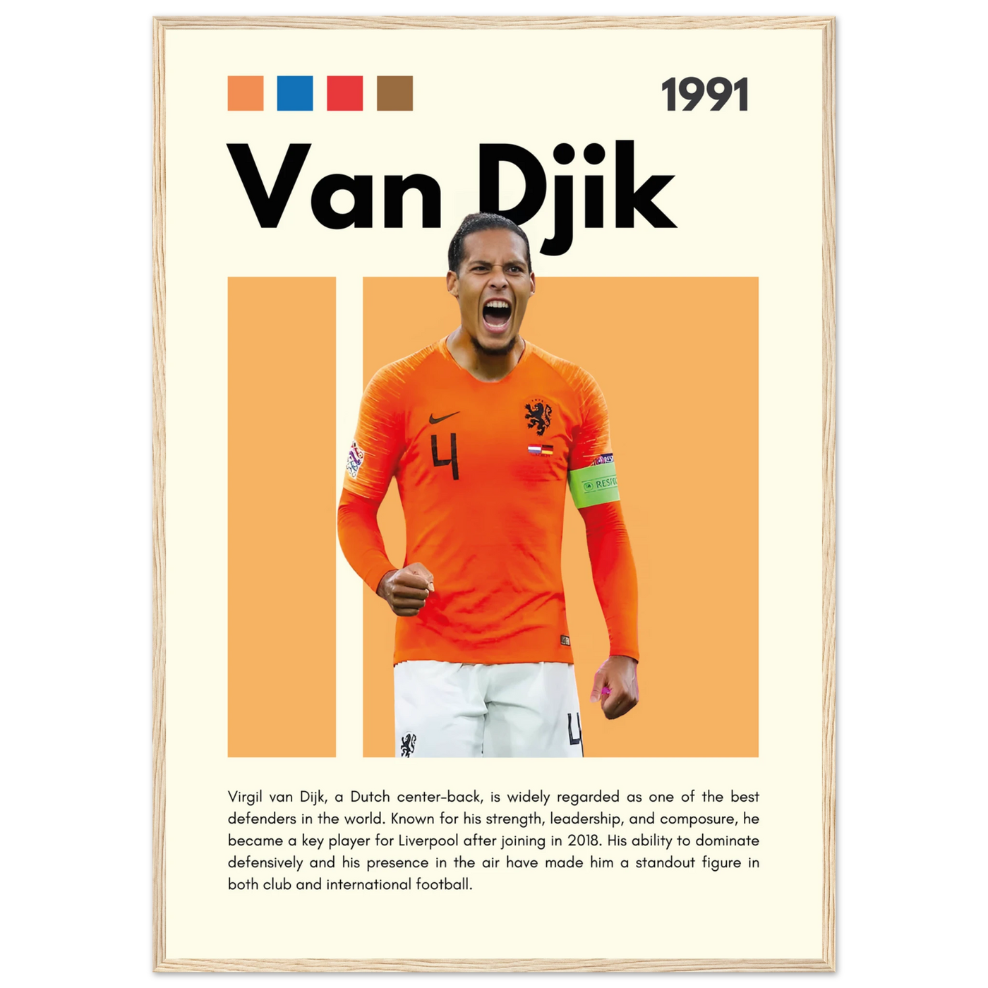 Virgil van Dijk Liverpool/Netherlands Football Framed Poster - Orange & Dynamic Sports Art Print A1 (59.4 x 84.1 cm) Wood frame Vibrantwalls