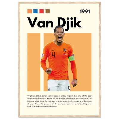 Virgil van Dijk Liverpool/Netherlands Football Framed Poster - Orange & Dynamic Sports Art Print A1 (59.4 x 84.1 cm) Wood frame Vibrantwalls