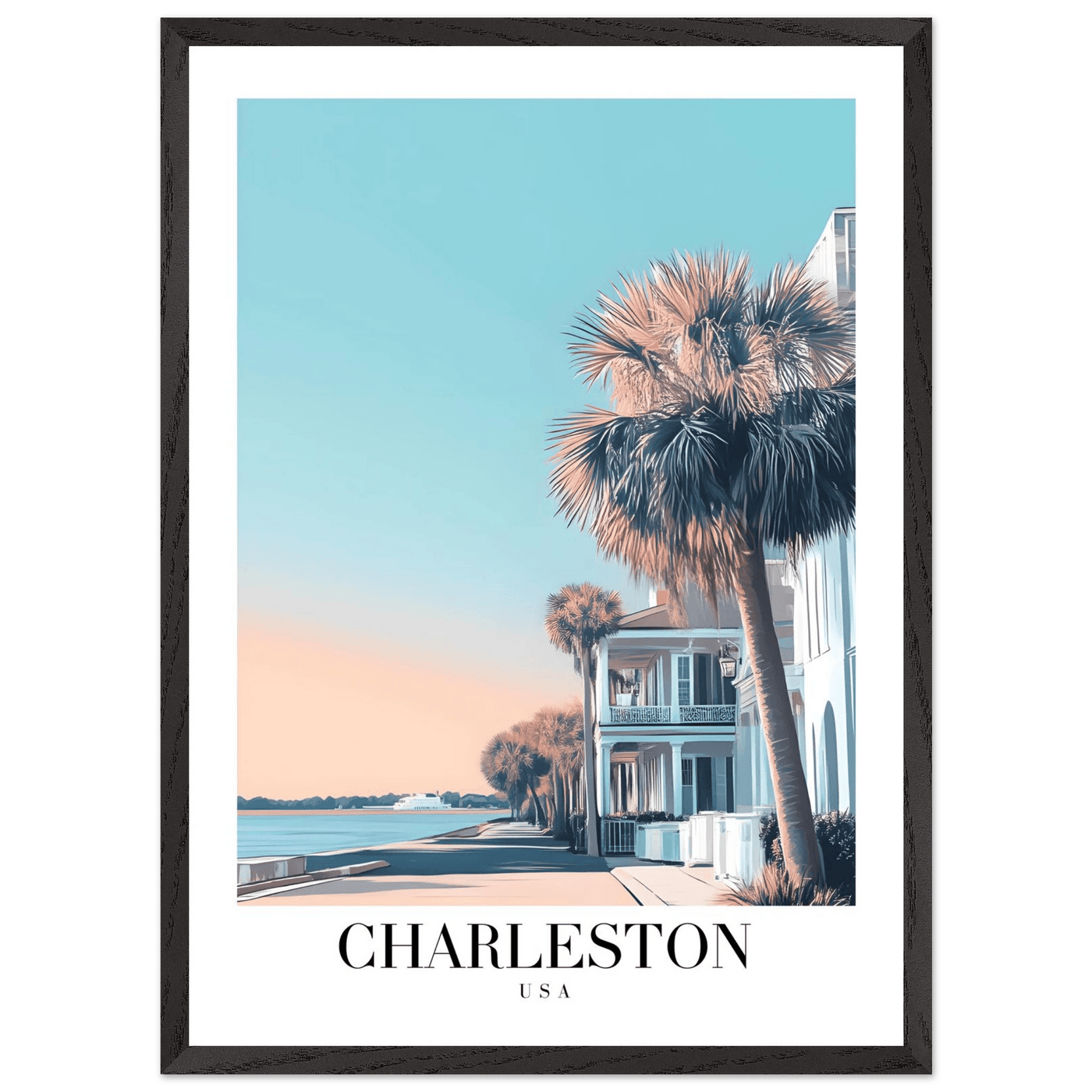 Charleston USA Framed Poster – Coastal Vintage Wall Art with Wooden Frame and Serene Sunset Hues - Vibrantwalls
