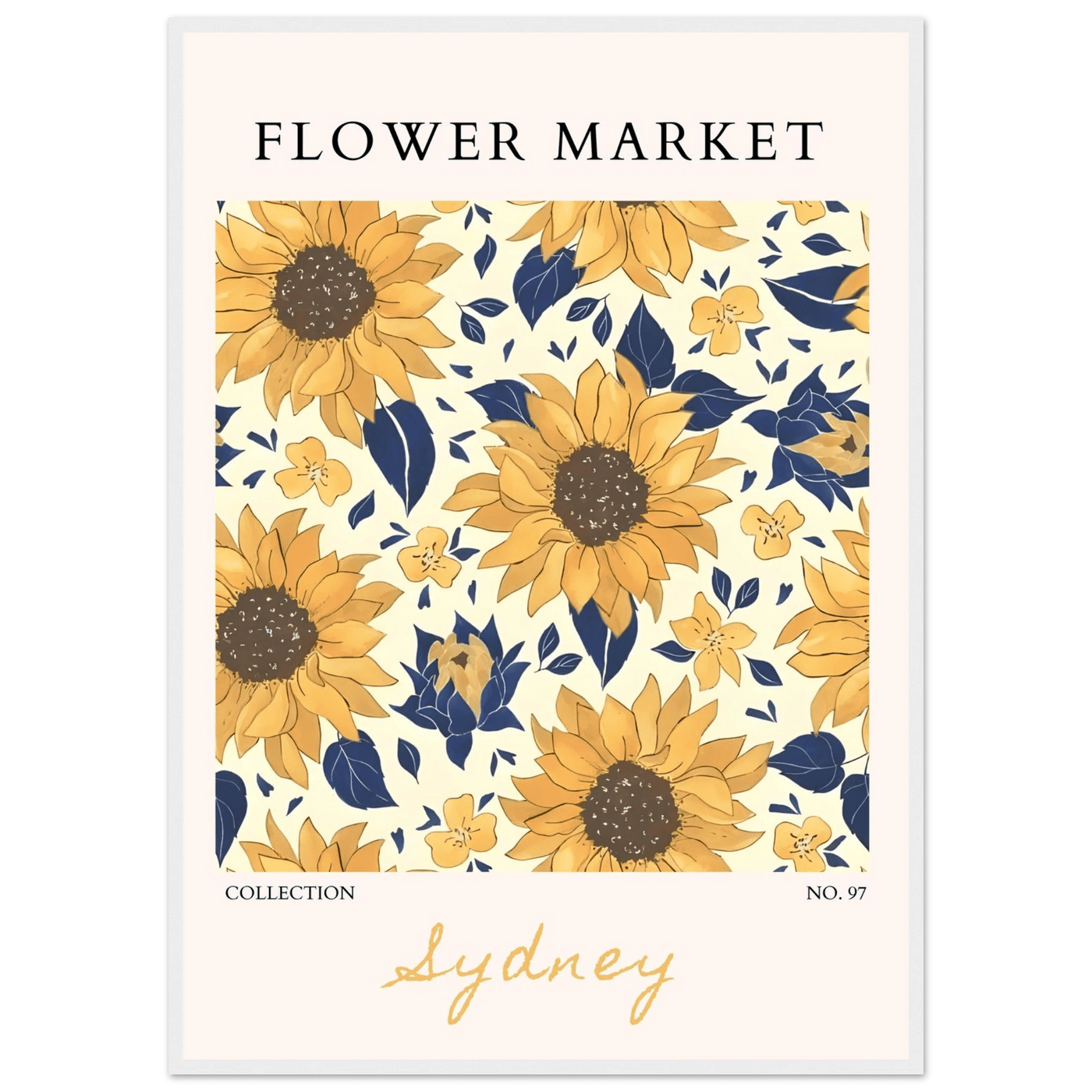 Vibrant Sunflower & Navy Floral Framed Poster – 'Flower Market Sydney' Collection | Ready-to-Hang Wall Art - Vibrantwalls