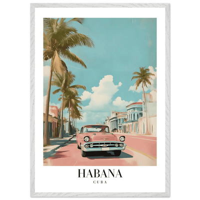 Habana Cuba Framed Poster – Vintage Pink Car Travel Art with Wooden Frame - Vibrantwalls