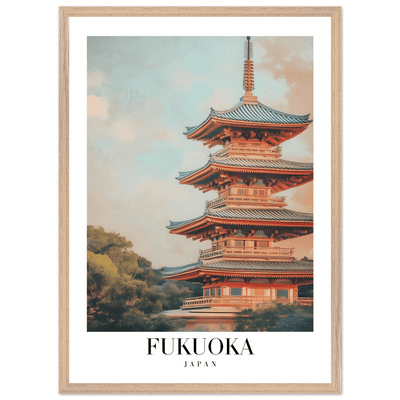 Fukuoka Japan Vintage Pagoda Framed Poster – Serene Travel Wall Art with Wooden Frame - Vibrantwalls