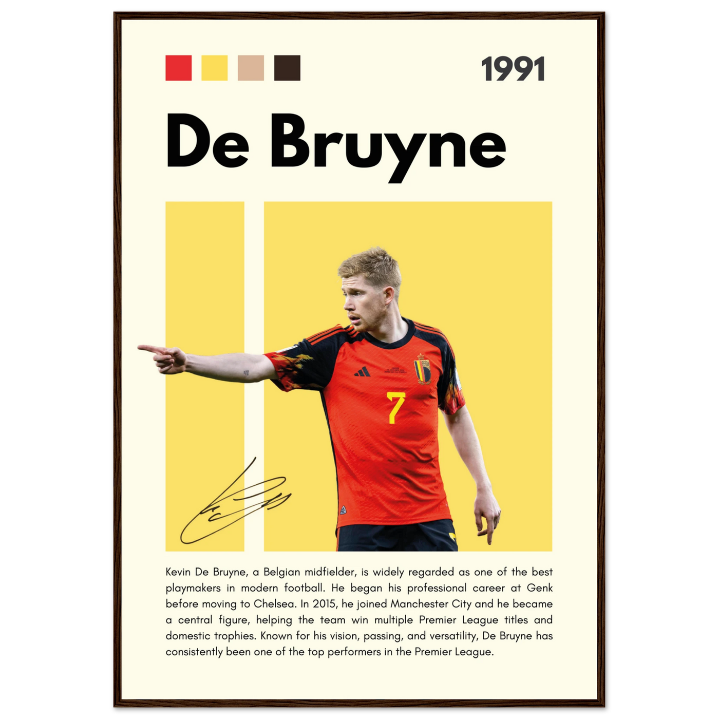 Kevin De Bruyne Football Legend Framed Poster – Vibrant Pop Art Print for Modern Fans 70x100 cm 28x40″ Dark wood frame Vibrantwalls