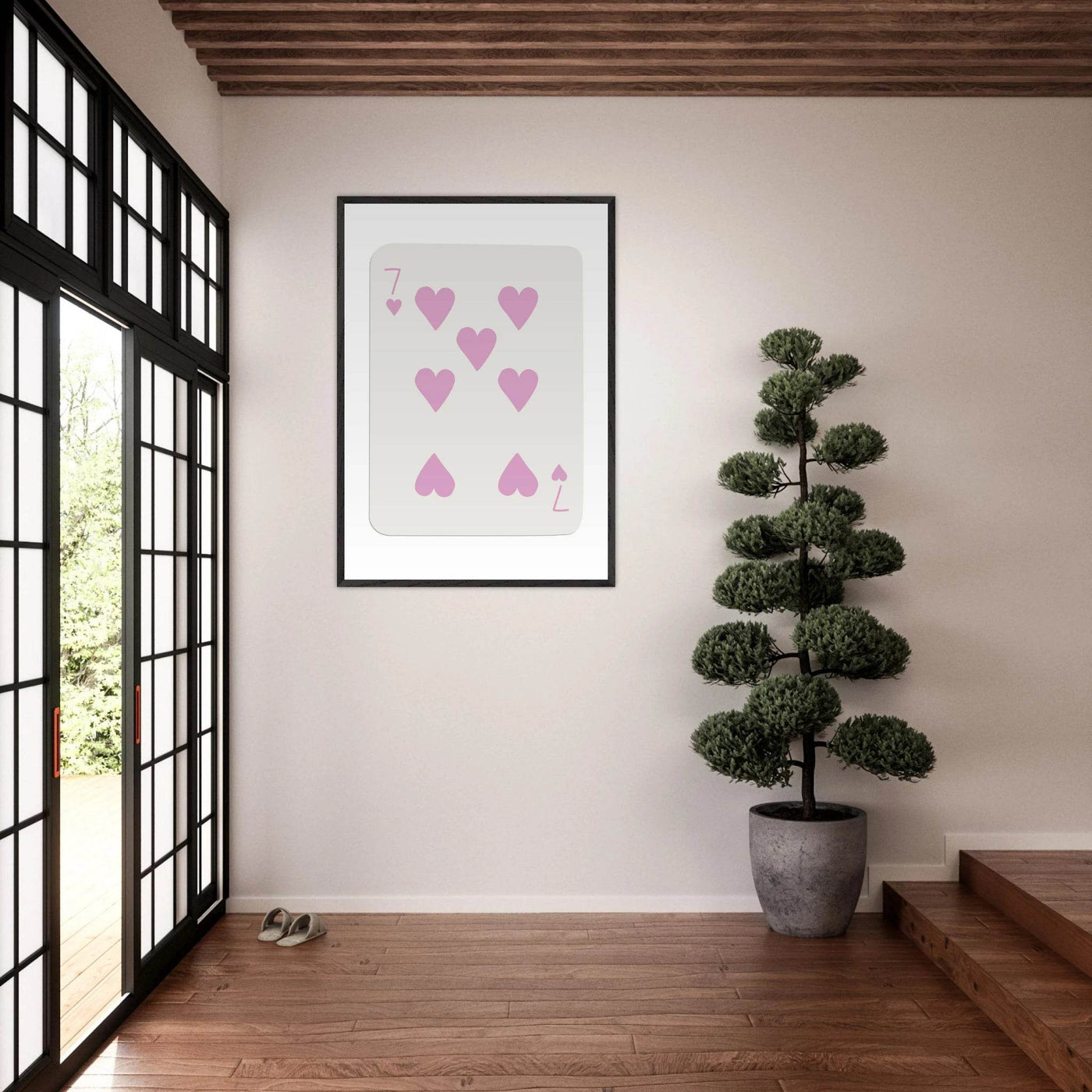 Charming Seven of Hearts Poker Card Print - Mounted Framed Poster Art with Eco-Friendly Wood Frame - Vibrantwalls