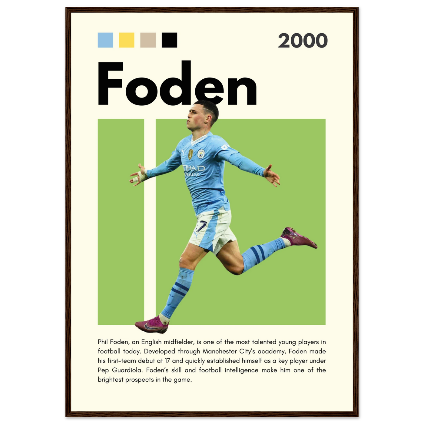 Phil Foden Manchester City Football Legend Poster A1 (59.4 x 84.1 cm) Dark wood frame Vibrantwalls